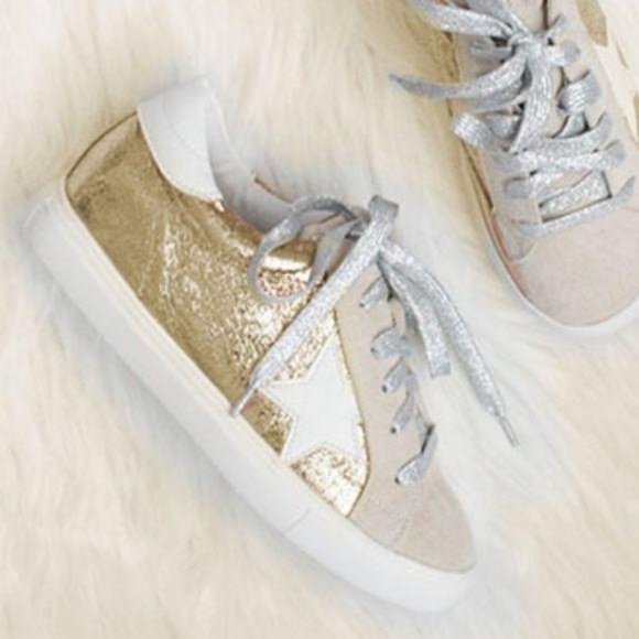 Metallic Gold Low Top Star Sneakers - Picture 6 of 8
